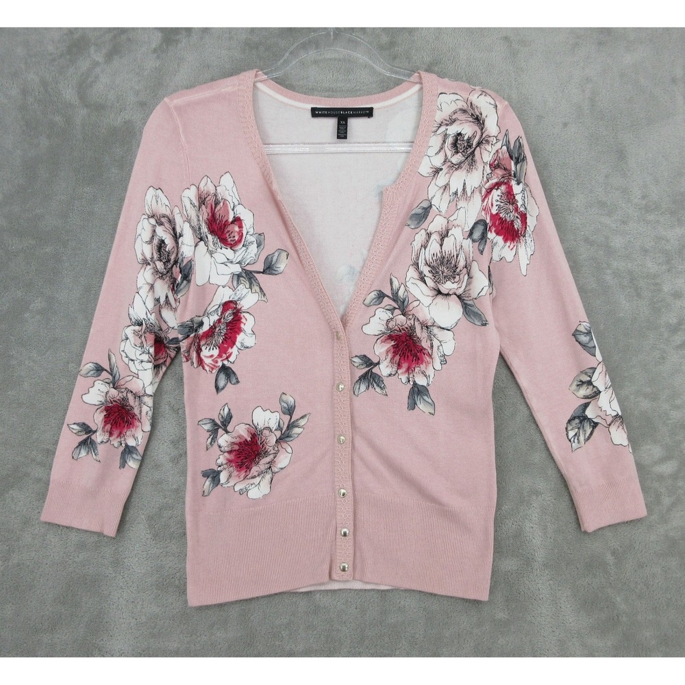 White House Black Market Sweater Womens XS Floral Cardigan Feminine Office Pink